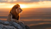Majestic male lion resting on rocky outcrop during golden hour sunset, powerful big cat predator in warm evening light showcasing wild nature and safari wildlife.