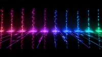 Glowing neon lines and dots forming abstract geometric pattern with gradient color transition from pink to blue and green on black background.