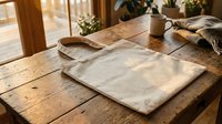 Eco-friendly white cotton tote bag on rustic wooden table with natural sunlight, sustainable shopping accessory for zero waste lifestyle and environmental awareness.