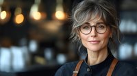 Confident mature businesswoman with silver hair and glasses in cafe setting with warm bokeh lights, perfect for professional lifestyle content.