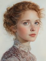 Young woman with natural freckles, ginger curly hair and bright eyes wearing vintage lace collar dress, looking at camera with gentle expression. Soft beauty portrait.