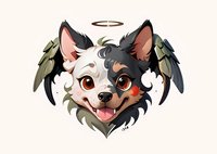 Adorable angel chihuahua dog character with black wings and halo, perfect for pet-themed designs, stickers, and children's illustrations. Digital art in kawaii style.
