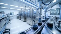 Modern pharmaceutical manufacturing facility with automated production line and sterile equipment for drug development and quality control processes.