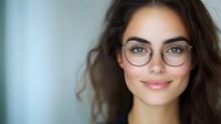 Young Mediterranean woman with wavy dark hair wearing round glasses smiles warmly at camera against soft blurred background. Natural makeup and professional appearance.