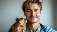 Young male veterinarian in blue scrubs holding adorable ginger guinea pig, smiling warmly at camera against light background. Professional pet care concept.