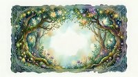 Enchanted forest frame with magical glowing lights and fairy tale trees creating mystical portal entrance for fantasy storytelling and children's book covers.