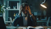 Stressed businessman working late at office showing signs of fatigue and burnout, holding head in hands while sitting at desk with documents in dark workspace.