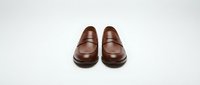 Classic brown leather penny loafers isolated on white background for fashion and footwear design projects.