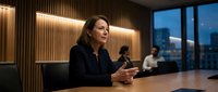 Professional businesswoman leading corporate meeting in modern conference room with city skyline view during evening hours for business presentations.