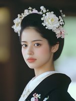 Young Asian woman in traditional Japanese kimono with elegant floral hair ornament featuring white roses and cherry blossoms for cultural fashion photography.