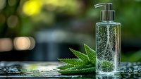 Clear glass pump bottle with aloe vera gel and fresh green aloe leaves on wooden surface with natural bokeh background for skincare and cosmetic products.