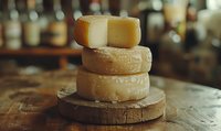 Stack of aged artisanal cheese wheels on rustic wooden board against blurred bar background. Natural lighting creates warm ambiance for food photography.