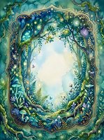 Watercolor enchanted forest frame with magical plants, flowers and glowing lights creating mystical border for fairy tale designs and fantasy artwork.