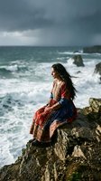 Young woman in traditional bohemian dress sitting on rocky coastline overlooking stormy ocean waves under dramatic cloudy sky for lifestyle and travel content.