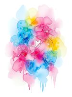 Watercolor mother and baby silhouette with vibrant rainbow colors and floral elements on white background for maternal design projects.