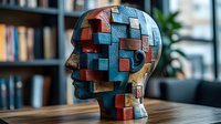Fragmented human head sculpture made of colorful geometric blocks on wooden table, representing mental health, psychology and artificial intelligence concepts.