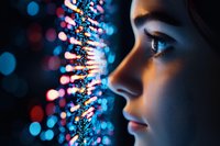 Female profile against glowing blue and pink bokeh lights, dramatic side lighting highlights facial features creating futuristic atmosphere for tech concepts.
