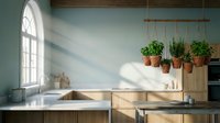 Bright minimalist kitchen with arched window, wooden cabinetry, potted plants on hanging rod, and natural sunlight creating shadows on pale blue wall for modern home design projects.