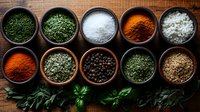 Aromatic herbs and colorful spices in rustic wooden bowls arranged in rows with fresh basil leaves on dark wooden background, culinary seasoning collection.