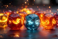 Glowing glass spheres in orange and blue colors with magical light effects create mystical atmosphere against dark background with bokeh lights.