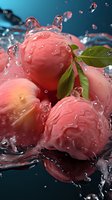 Fresh ripe peaches with green leaves splashing in clear water with droplets against dark background, dynamic food photography for advertising.
