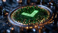 Glowing green checkmark symbol on dark circuit board with bokeh light effects and selective focus, representing digital approval or verification status.