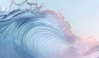 Powerful ocean wave curling at sunset with soft pink and blue colors, dynamic water movement capturing spray and foam against pastel sky background.
