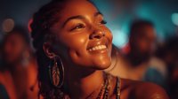 Young African American woman with braided hair and earrings smiling joyfully at outdoor evening event with warm bokeh lights creating festive atmosphere.
