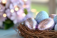 Glittery Easter eggs in natural nest with soft bokeh background and spring blossoms create festive holiday atmosphere. Pastel blue and metallic pink decorations.