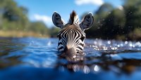 Zebra head emerging from blue water with bokeh effect, close-up view showing distinctive stripes and ears against blurred natural background. Unique wildlife perspective.