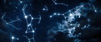 Night sky with glowing constellation patterns and connected stars forming geometric shapes against deep blue cosmic background with nebula clouds.