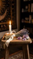 Cozy spiritual wellness setup with burning candle, dried lavender bundle, amethyst crystals on rustic wooden stool creating peaceful meditation atmosphere.