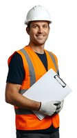 Male construction worker wearing white hard hat, orange safety vest with reflective stripes, and white gloves holding clipboard. Isolated on white background for design use.