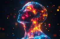 Glowing digital human silhouette with colorful light particles forming neural network patterns against dark background, representing artificial intelligence concept.