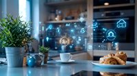 Smart home technology interface with holographic icons floating above modern kitchen counter featuring coffee cup and croissant breakfast setting.