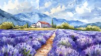 Watercolor landscape painting of a Provence countryside with blooming lavender field, rural house and mountains, perfect for wall art, greeting cards and home decor.
