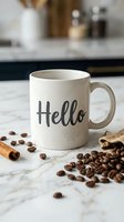 White ceramic mug with Hello script lettering on marble countertop, surrounded by coffee beans and cinnamon stick in cozy kitchen setting.