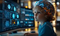 Young boy with digital brain scan overlay looking at futuristic medical interface with brain scans and data visualization in modern laboratory environment.