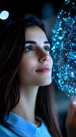 Young woman gazing upward at glowing blue network of connected dots and lines, representing digital technology and artificial intelligence concepts.