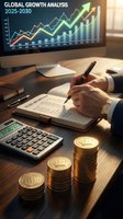 Business professional analyzing financial growth data with calculator and golden coins on desk showing upward trending charts for investment planning.