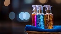 Glowing cleaning spray bottles with sparkly liquid on blue towel against blurred bokeh background, creating magical household cleaning concept.