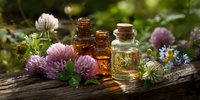 Essential oil bottles with clover flowers and herbs on rustic wooden surface in garden setting, showcasing natural aromatherapy ingredients.