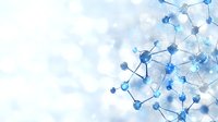 Abstract molecular structure with blue spheres and connecting lines on light background for scientific research and biotechnology presentations.