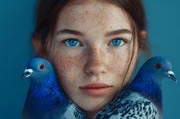 Young woman with freckles and blue eyes holding two blue pigeons against turquoise background in artistic portrait composition.