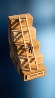 Miniature businessman climbing wooden ladder on stacked blocks labeled career path against blue gradient background, representing professional growth and advancement.
