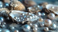 Lustrous pearls nestled in open oyster shells on sandy beach, showcasing natural marine treasures for luxury jewelry design.