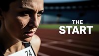 Determined female athlete at starting line ready to begin race on professional track with intense focus and competitive spirit.