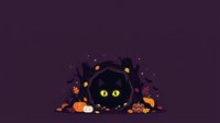 Cute black cat with glowing yellow eyes surrounded by pumpkins, autumn leaves, and Halloween decorations on dark purple background. Perfect for seasonal marketing, greeting cards, and festive designs.