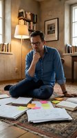 Middle-aged Caucasian man in glasses and blue shirt sitting cross-legged on floor, thoughtfully reviewing documents and notes in cozy home office library.