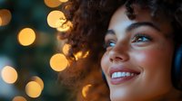 Young mixed race woman with curly hair smiling genuinely against blurred golden bokeh lights background, showing bright white teeth and natural makeup.